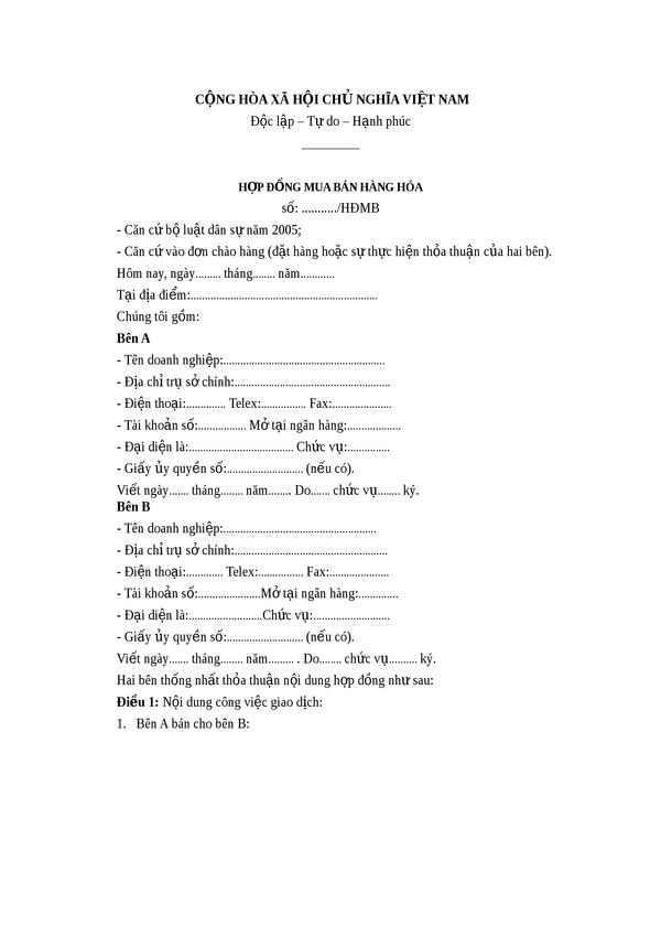 Hợp đồng Mua Bán Hàng Hóa